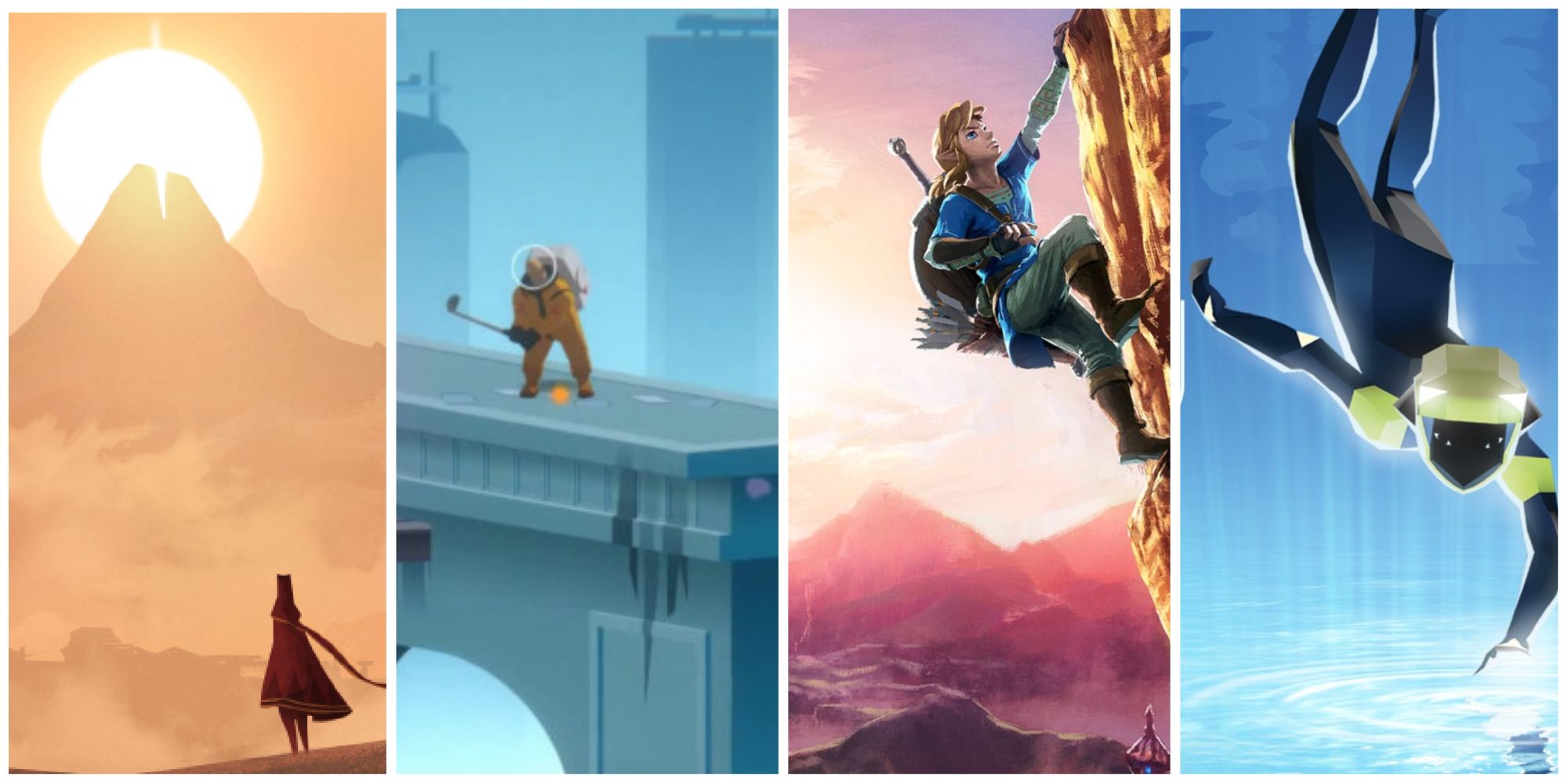 A Collage of Pictures From Zelda - Breath of the Wild, Golf Club Wasteland, ABZU, Journey