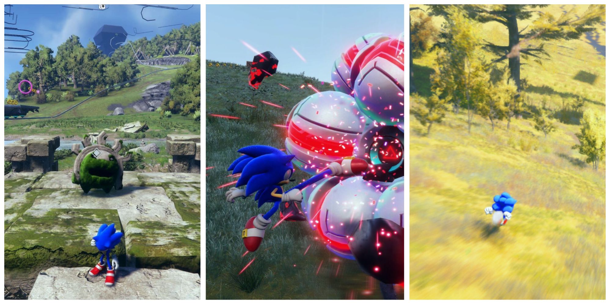 Left: Sonic in front of an Elder Koco. Center: Sonic punching a hovering robot. Right: Sonic running across a yellow-green field (GameBanana).