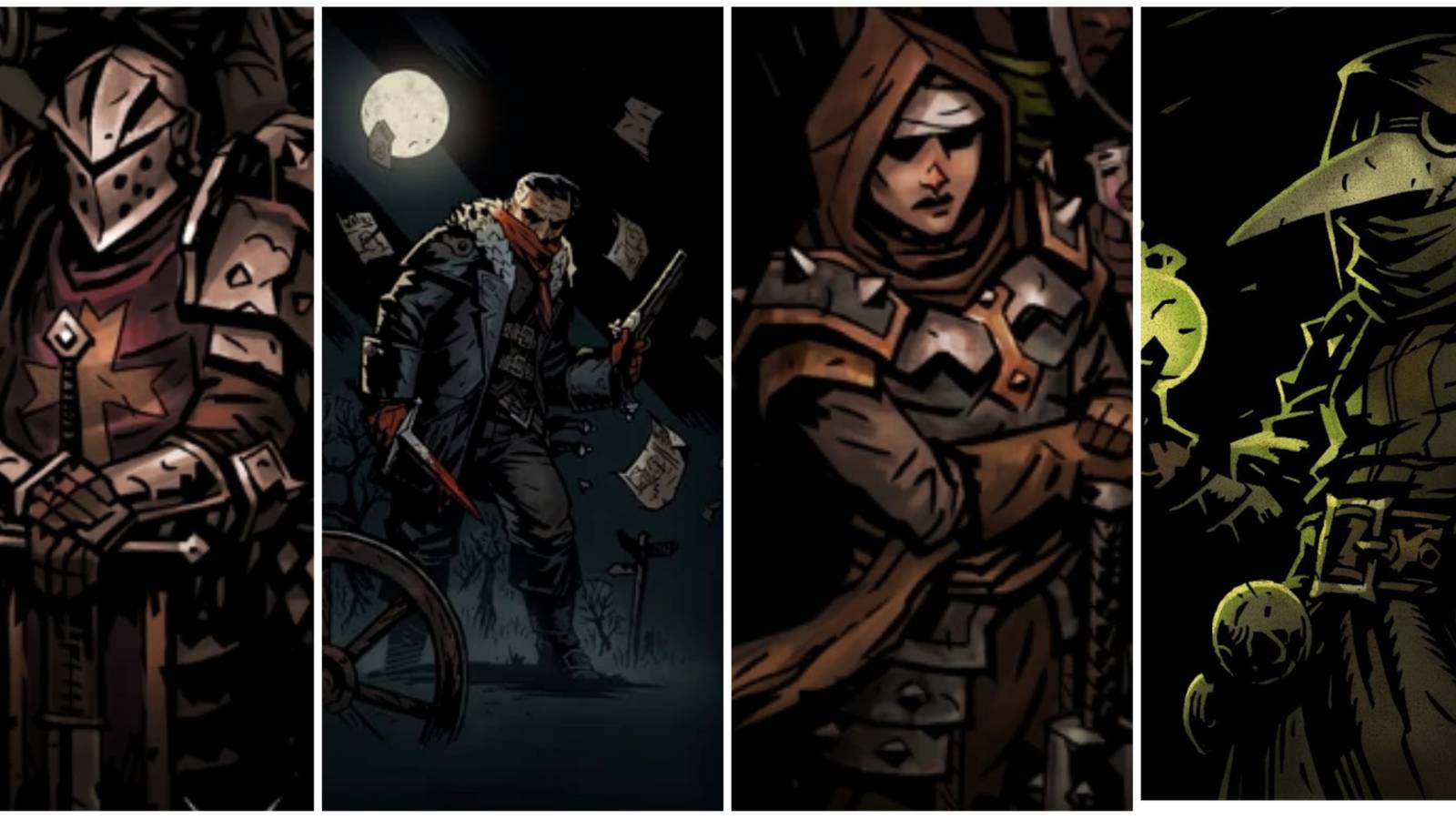 Crusader, Highwayman, Vestal, and Plague Doctor from Darkest Dungeon