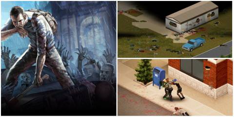 Project Zomboid Wallpaper, abandoned home with zombie body on the floor, woman being attacked by two zombies.