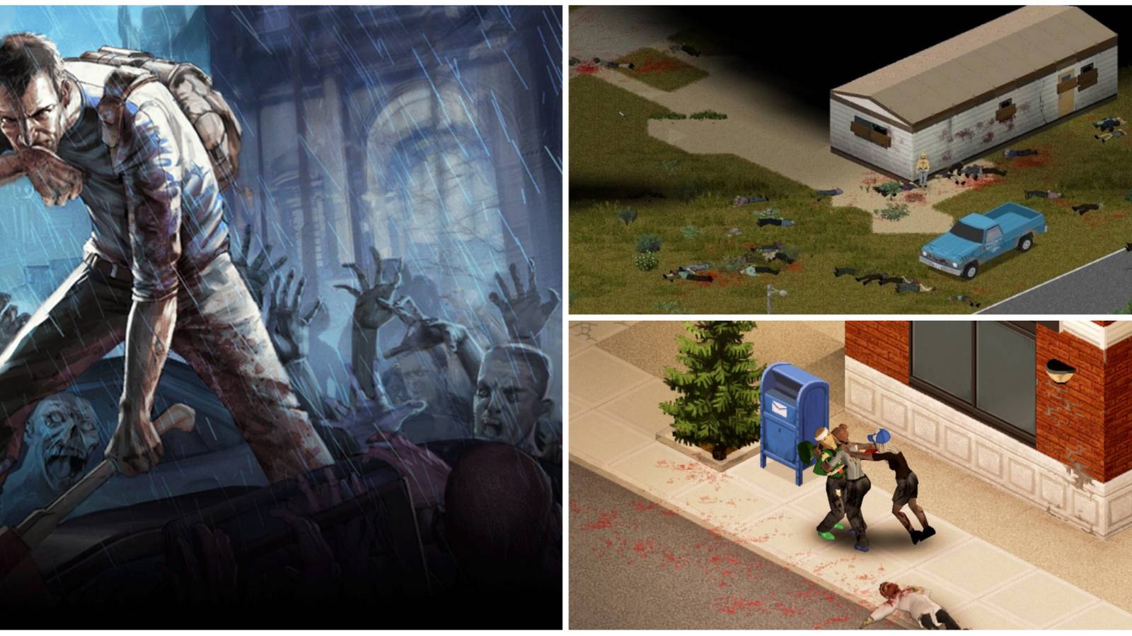 Project Zomboid Wallpaper, abandoned home with zombie body on the floor, woman being attacked by two zombies.