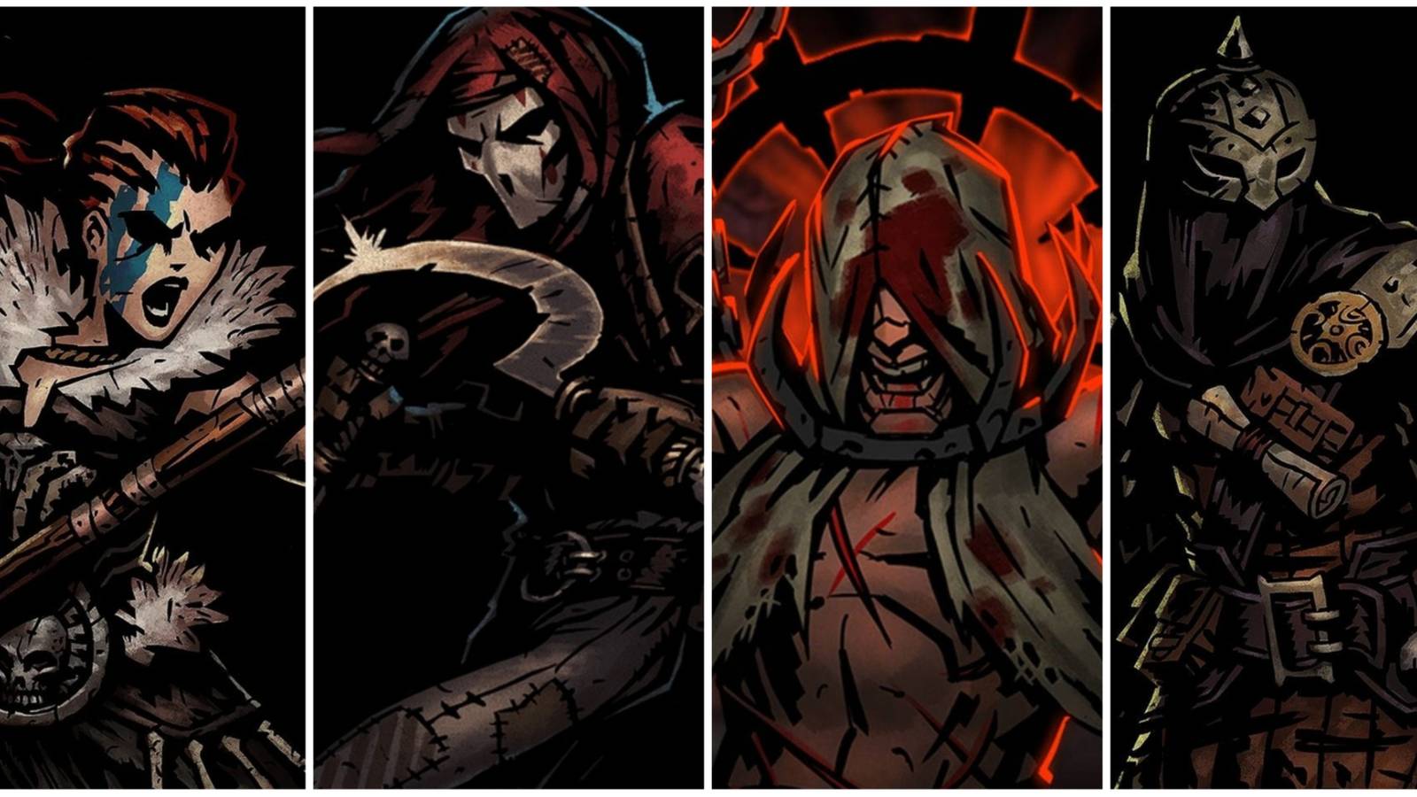 Hellion, Jester, Flagellant, and Bounty Hunter from Red Hook Studio's Darkest Dungeon