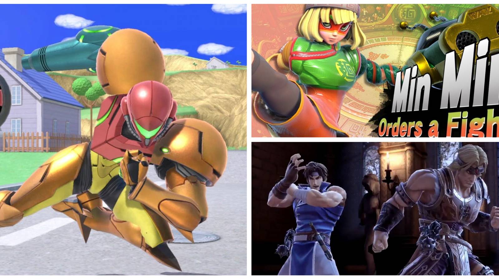 samus, simon, richter, and min min in super smash bros. 