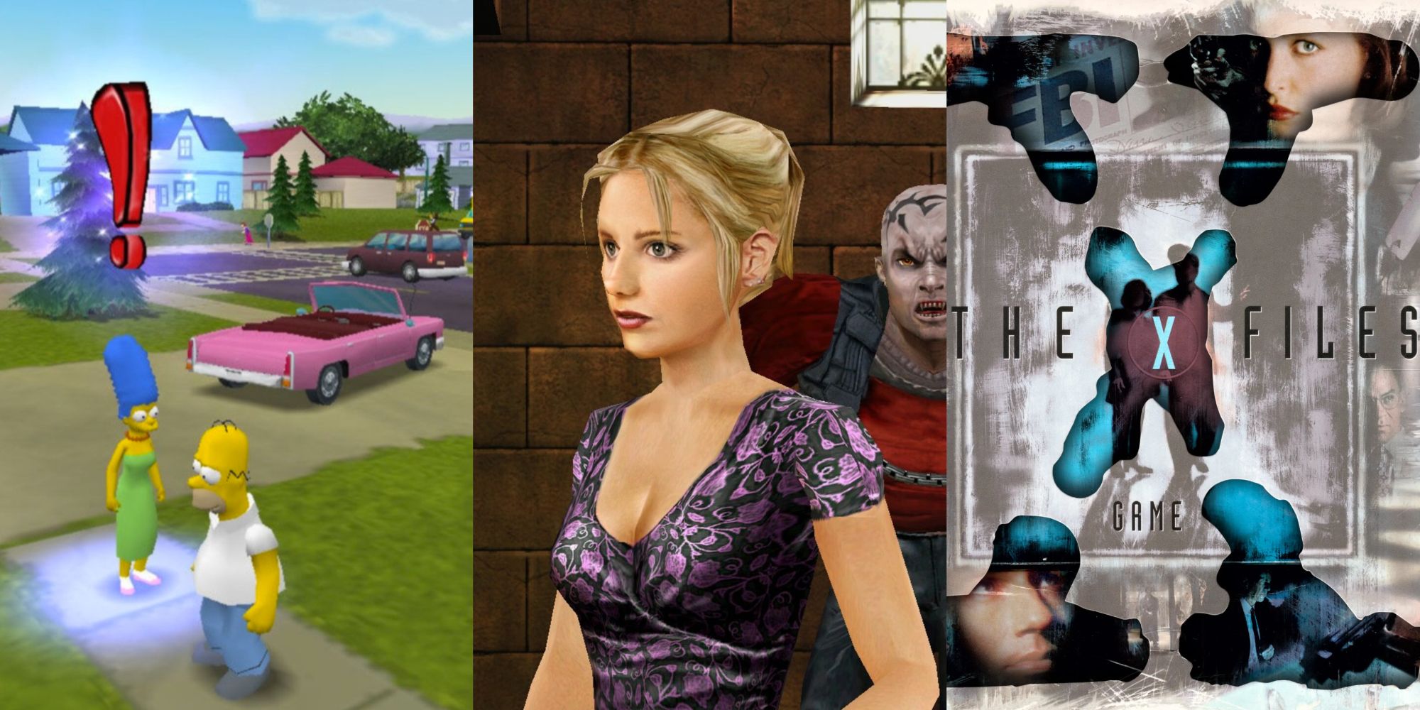 Collage if The Simpsons: Hit & Run, Buffy The Vampire Slayer game, and The X-Files game