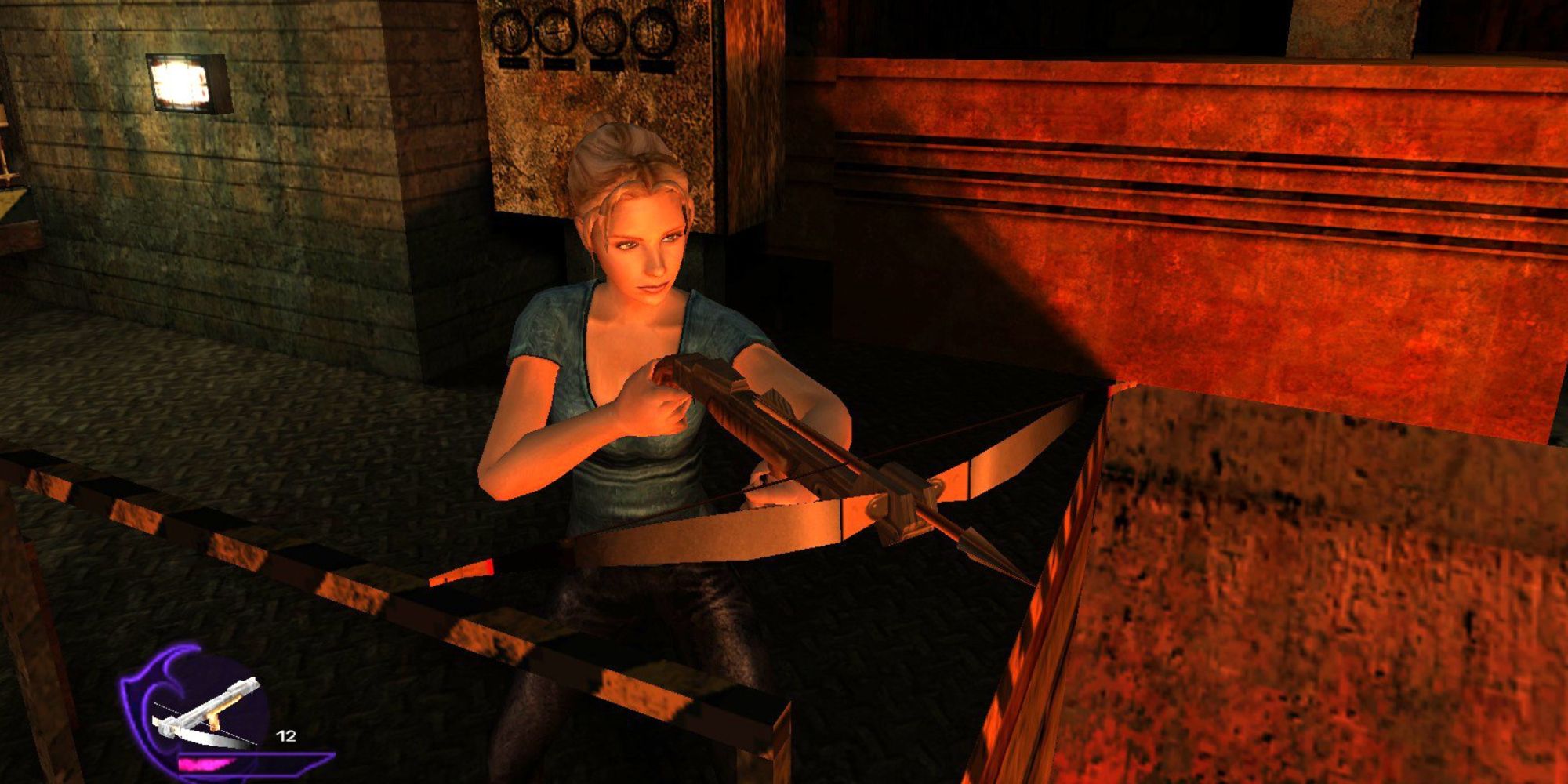 Buffy Summers pointing a crossbow ready to fire it