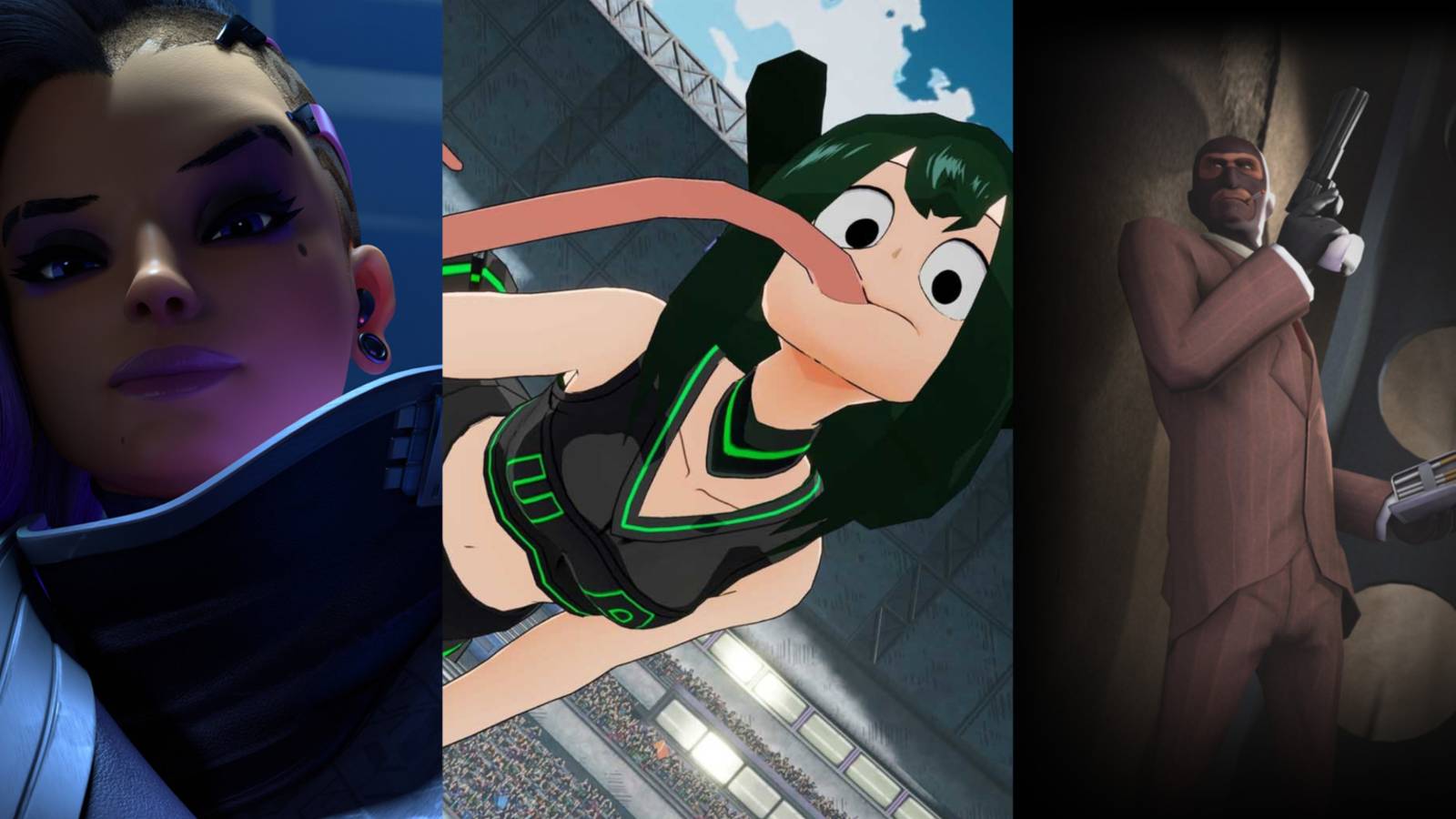 Collage of Sombra from Overwatch, Tsu from One's Justice 2 and Spy from Team Fortress 2