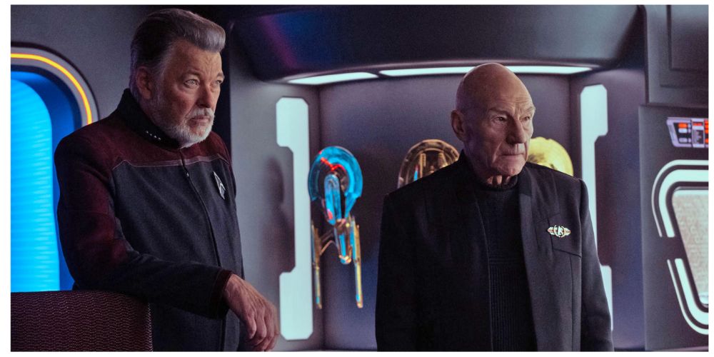 Jonathan Frakes as William Riker. Patrick Stewart as Jean-Luc Picard.