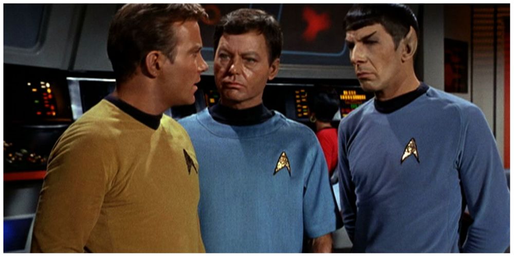 William Shatner as James Kirk.  DeForest Kelley as Leonard McCoy.  Leonard Nimoy as Spock.