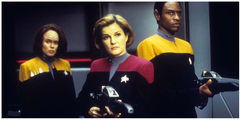 Roxanne Perez as B'Elanna Torres. Kate Mulgrew as Kathryn Janeway. Tim Russ as Tuvok.