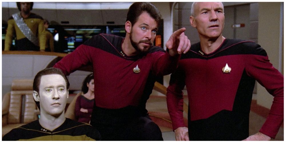 Brent Spiner as Data. Jonathan Frakes as William Riker. Patrick Stewart as Jean-Luc Picard.