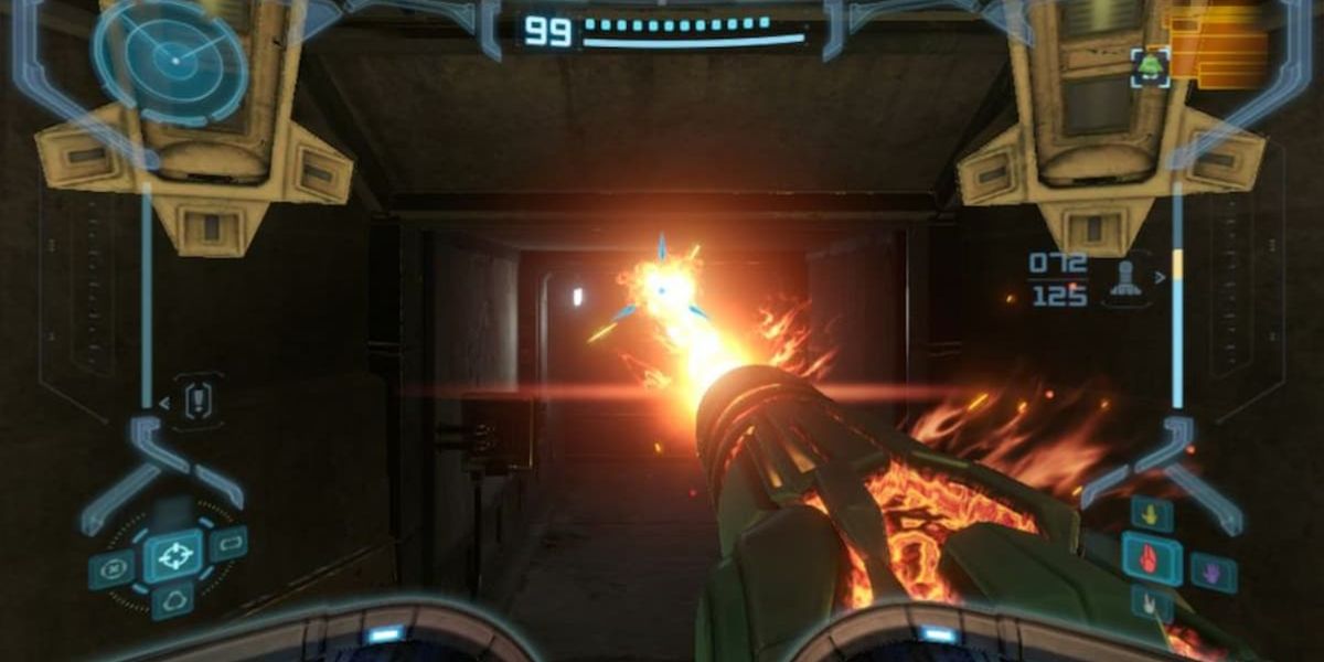 Samus shoots the flamethrower in Metroid Prime Remastered