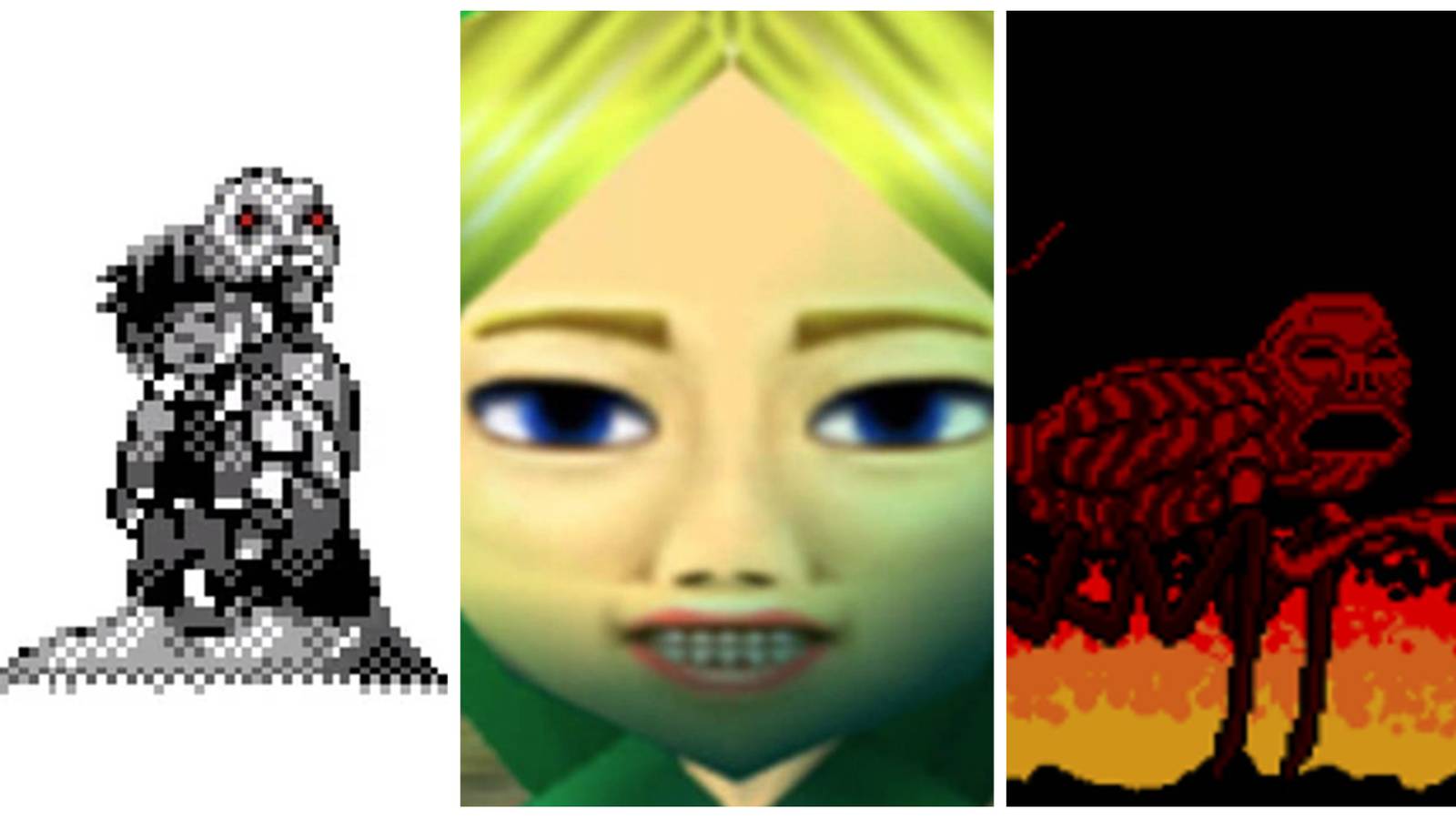 pokemon red, majoras mask, and a creature in godzilla NES