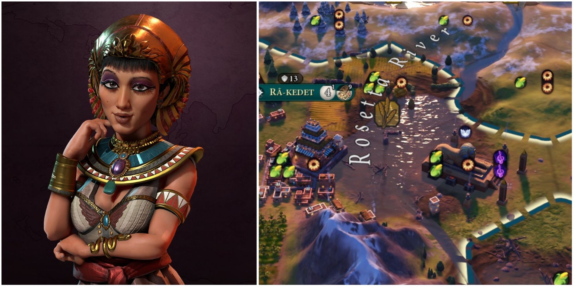 egyptian cleopatra character and floodplains with sphinx