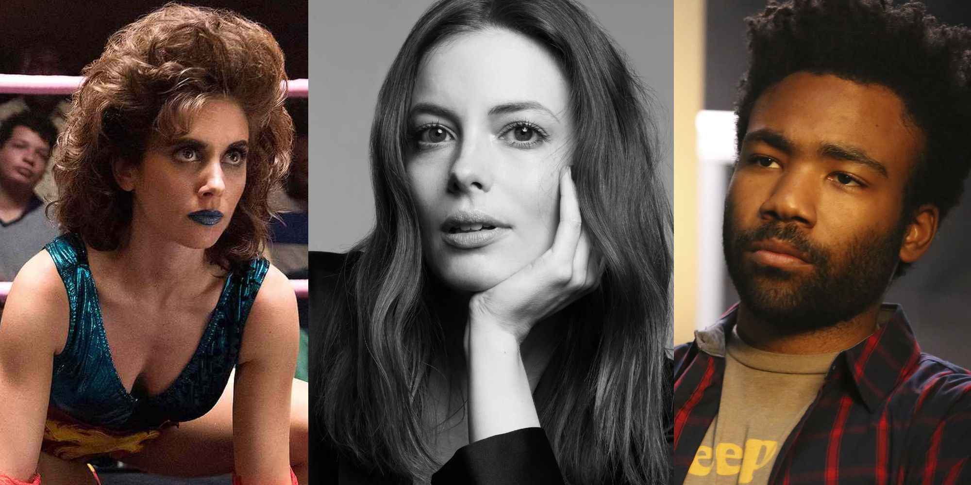 Alison Brie in GLOW; Gillian Jacobs in a photoshoot; Donald Glover in Atlanta