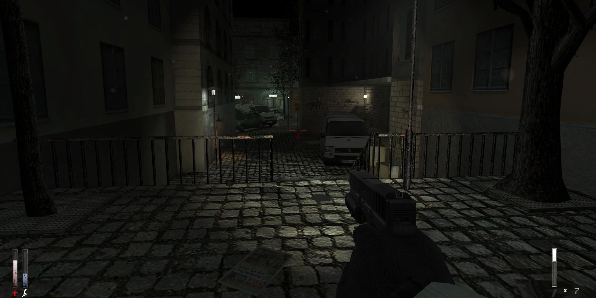 A screenshot showing the playable character navigating through a desolate city.