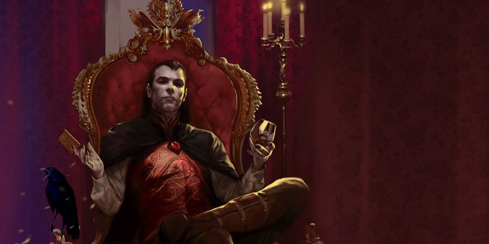 Cover Art Wizards of the Coast House of Strahd Dreadlord Strahd sat on his throne, a tarot card in one hand and a glass of what could be wine in his other.