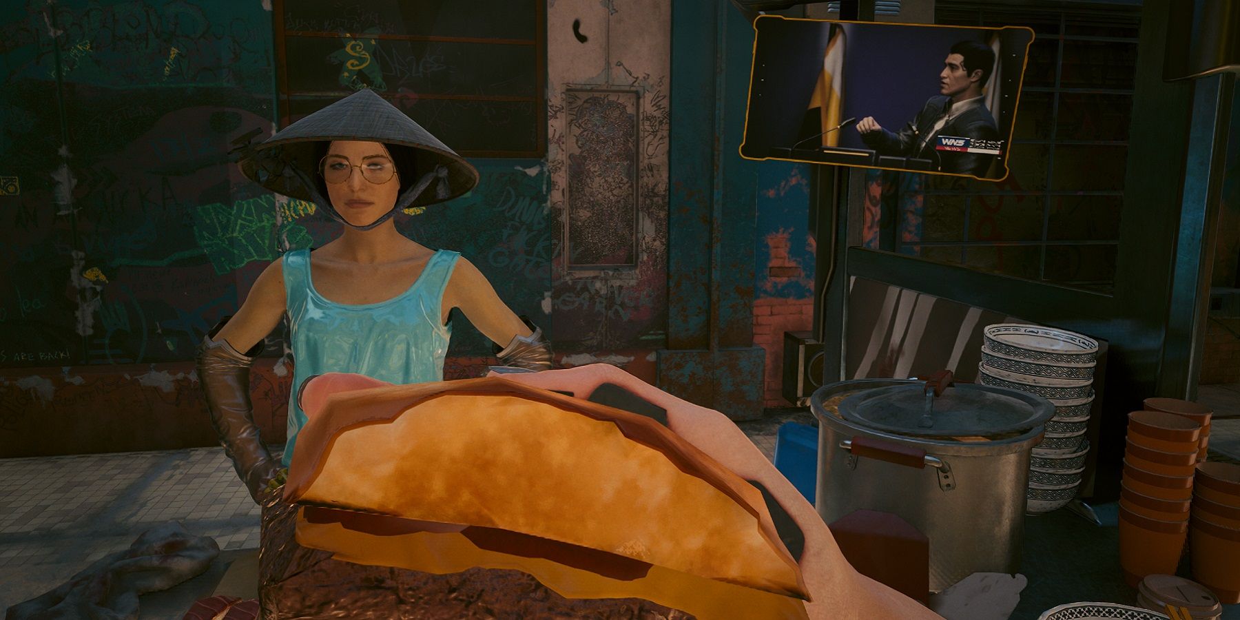 Image from Cyberpunk 2077 showing V about to devour a sandwich as a vendor looks on.