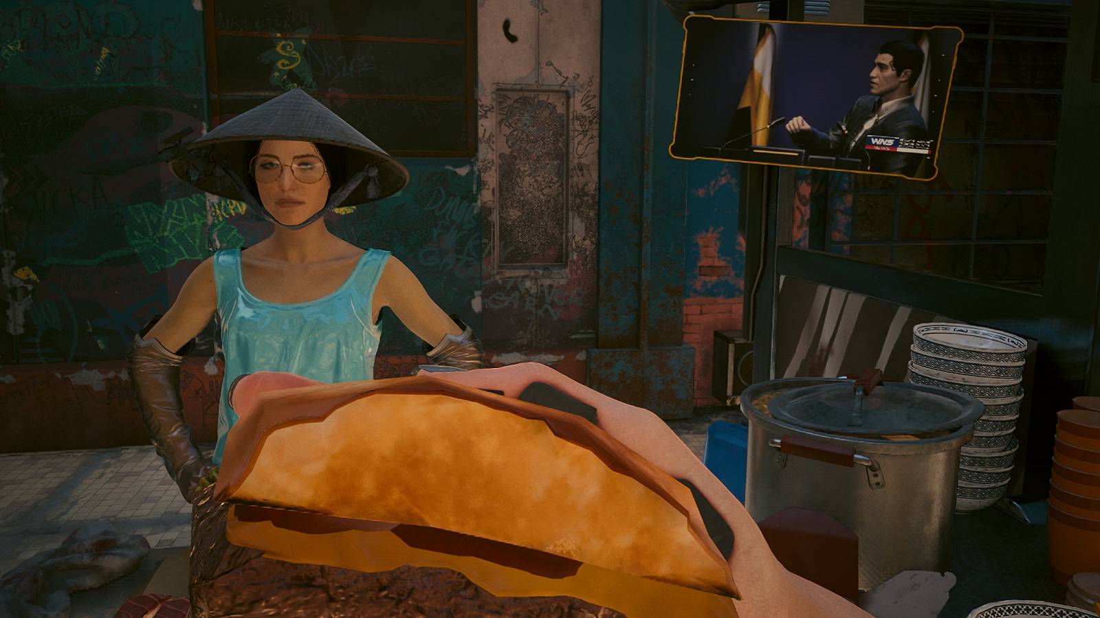 Image from Cyberpunk 2077 showing V about to devour a sandwich as a vendor looks on.