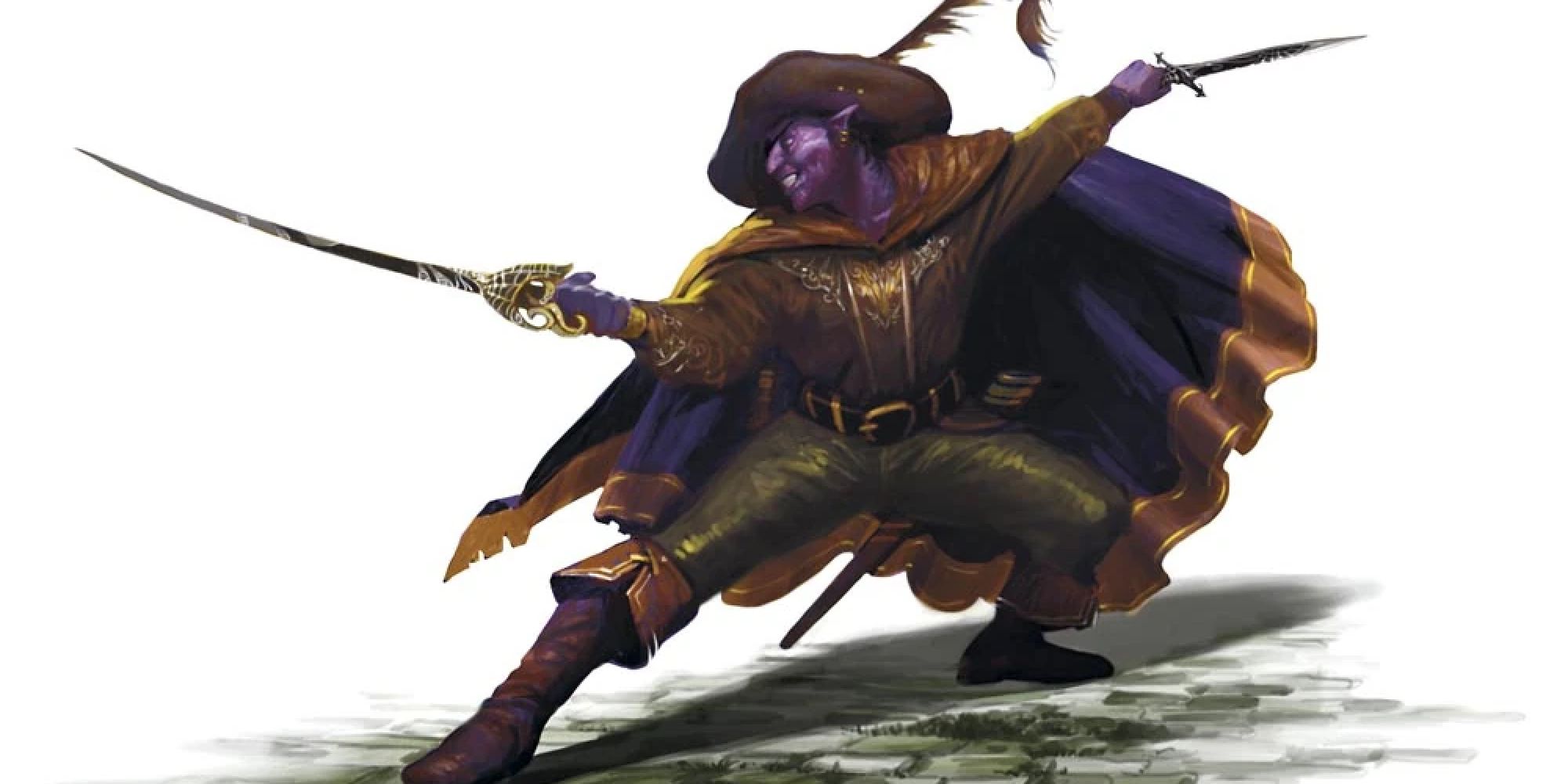 The purple-skinned Jarlaxle, standing in a fight-ready poise with an excited expression on his face.