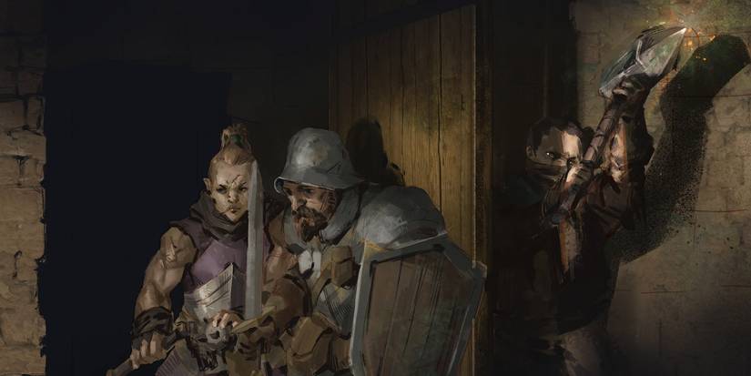 Dark and Darker - Loading Screen Art Showing Rogue About To Ambush A Party Of 2