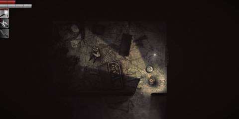 A Darkwood player's in game view within a dark room that contains some overturned furniture, lit only by a handheld light