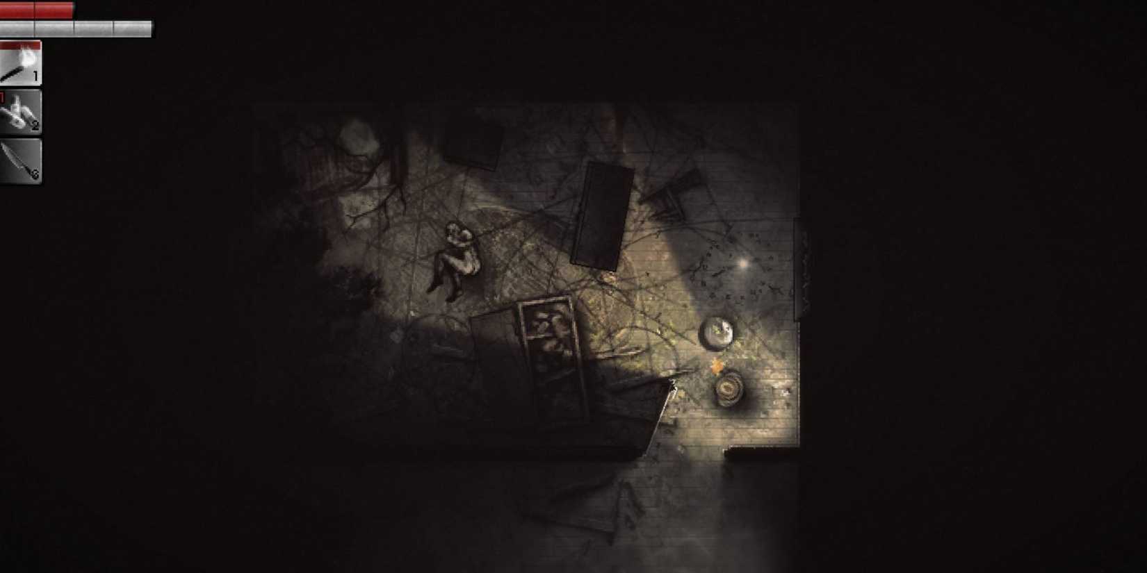 A Darkwood player's in game view within a dark room that contains some overturned furniture, lit only by a handheld light
