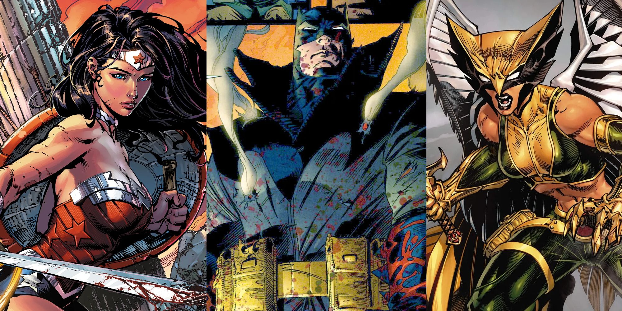 Wonder Woman in battle; Batman covered in blood; Hawkgirl in battle