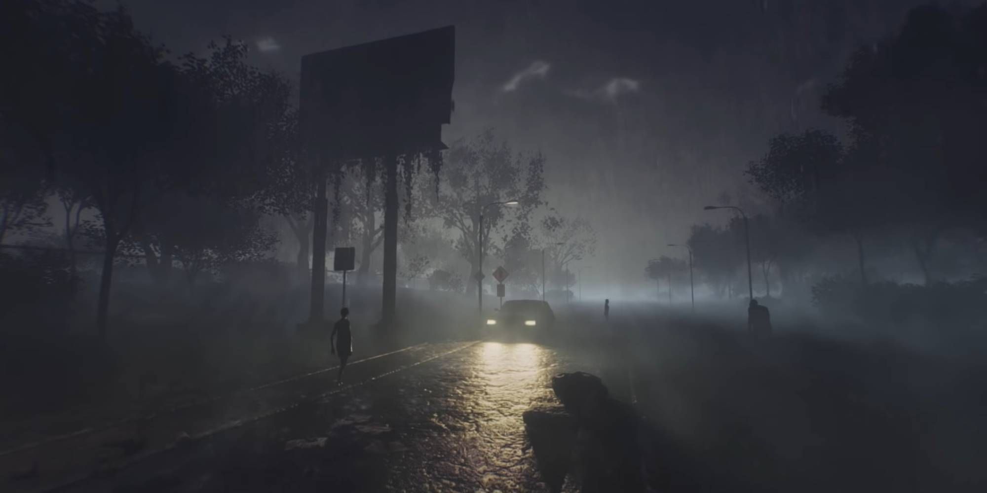 Zombies walking in the road surrounded by a misty atmosphere lit by car headlights
