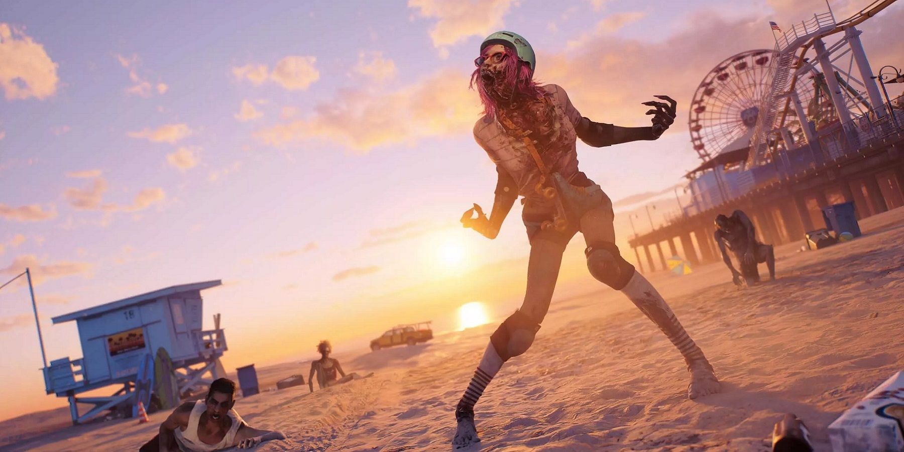 Image from Dead Island 2 showing zombie shuffling along a beach at sunrise/sunset.