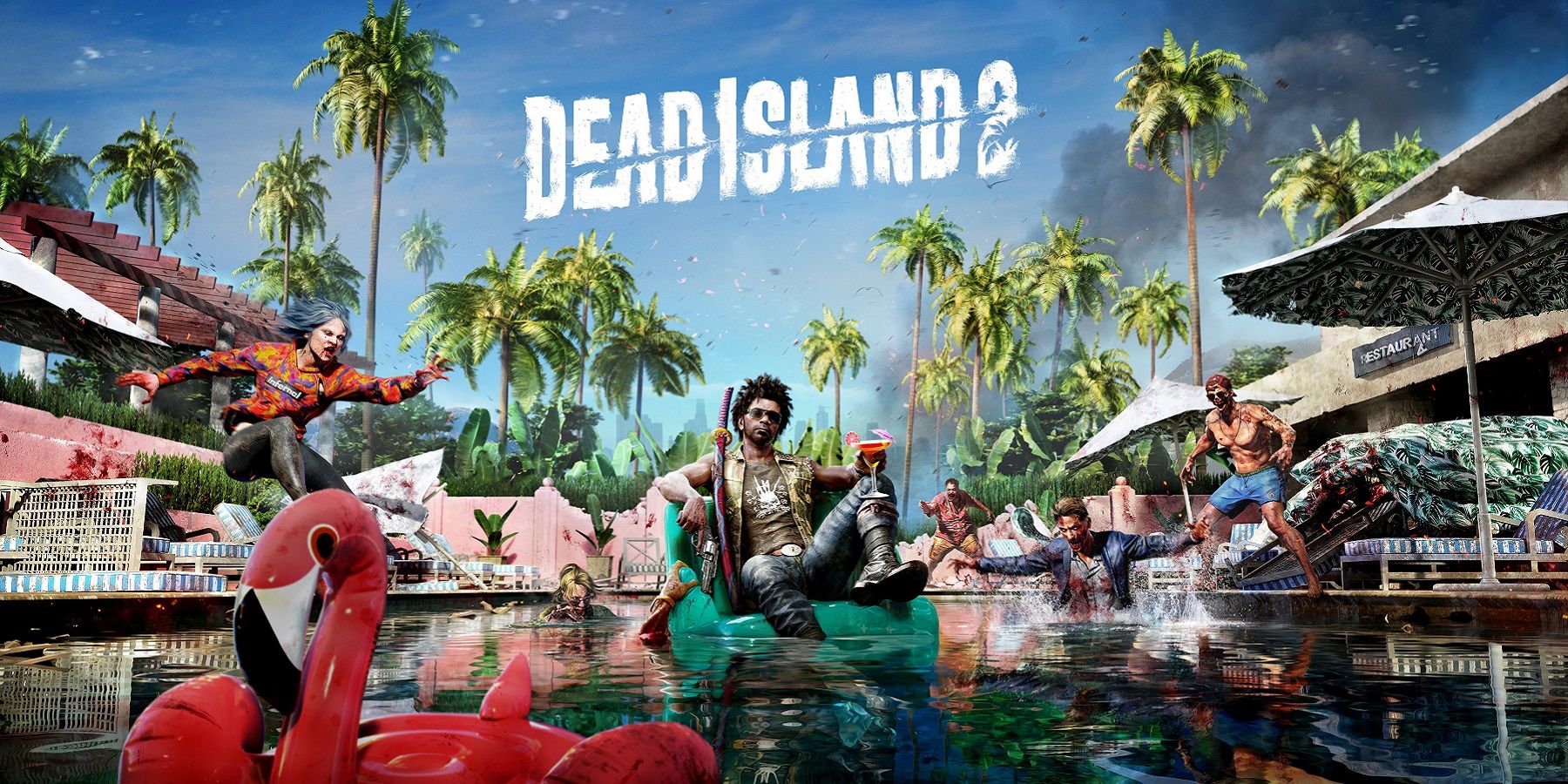 Image from Dead Island 2 showing Jacob chilling in a swimming pool while holding a drink.