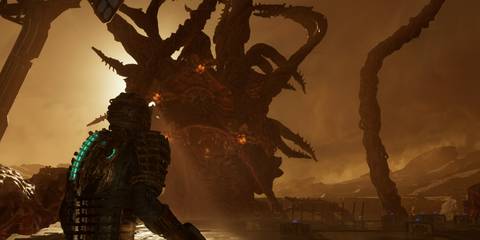 Issac Clarke faces down a giant tentacled alien creature on a barren planet in Dead Space 2023