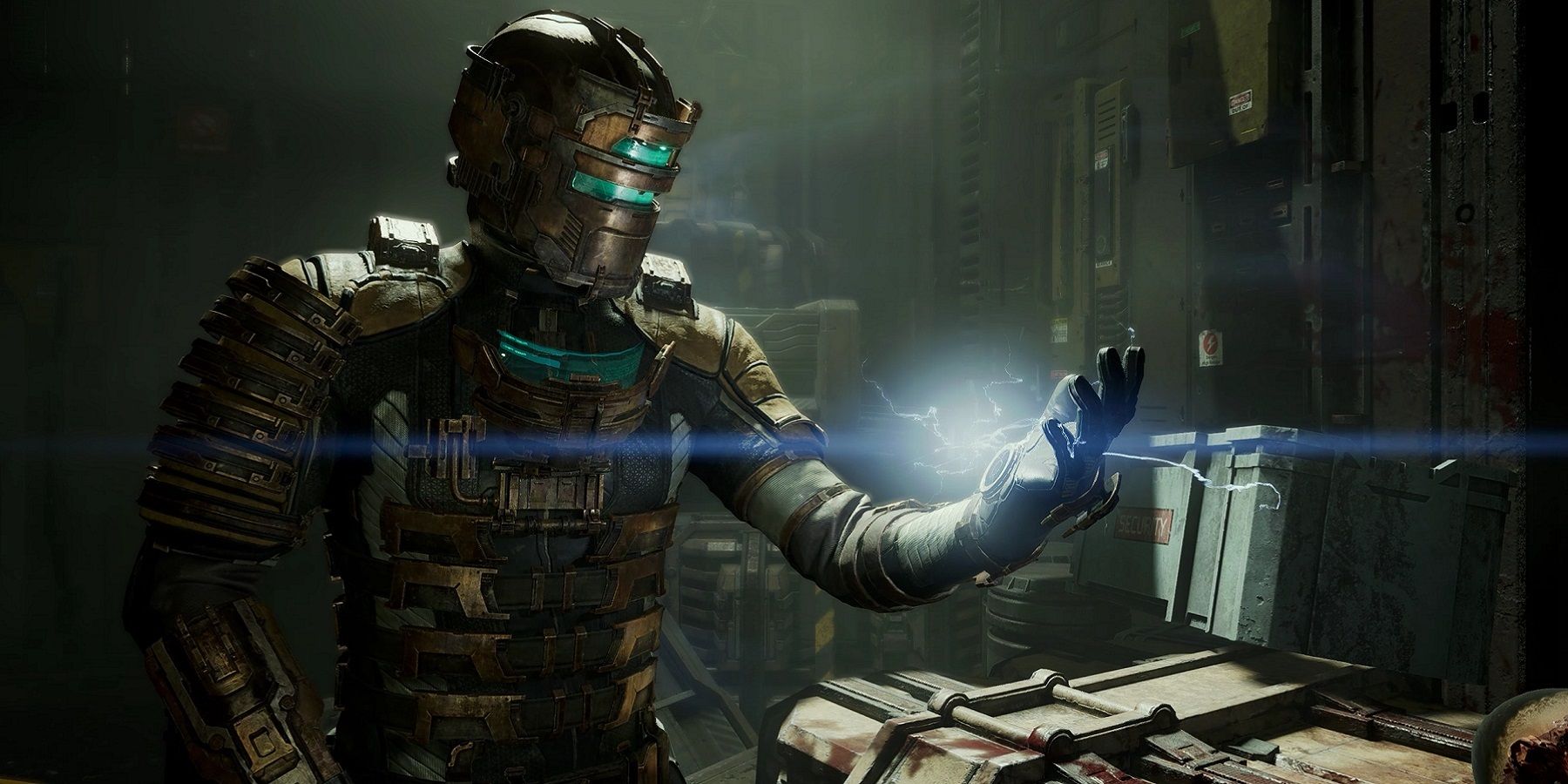 An image from the Dead Space remake of Isaac Clarke looking at his glowing hand.