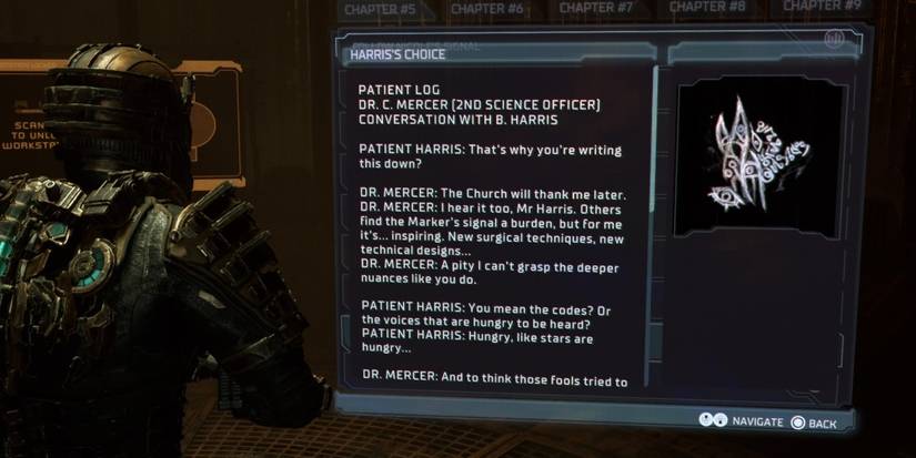 harris's choice text log in dead space