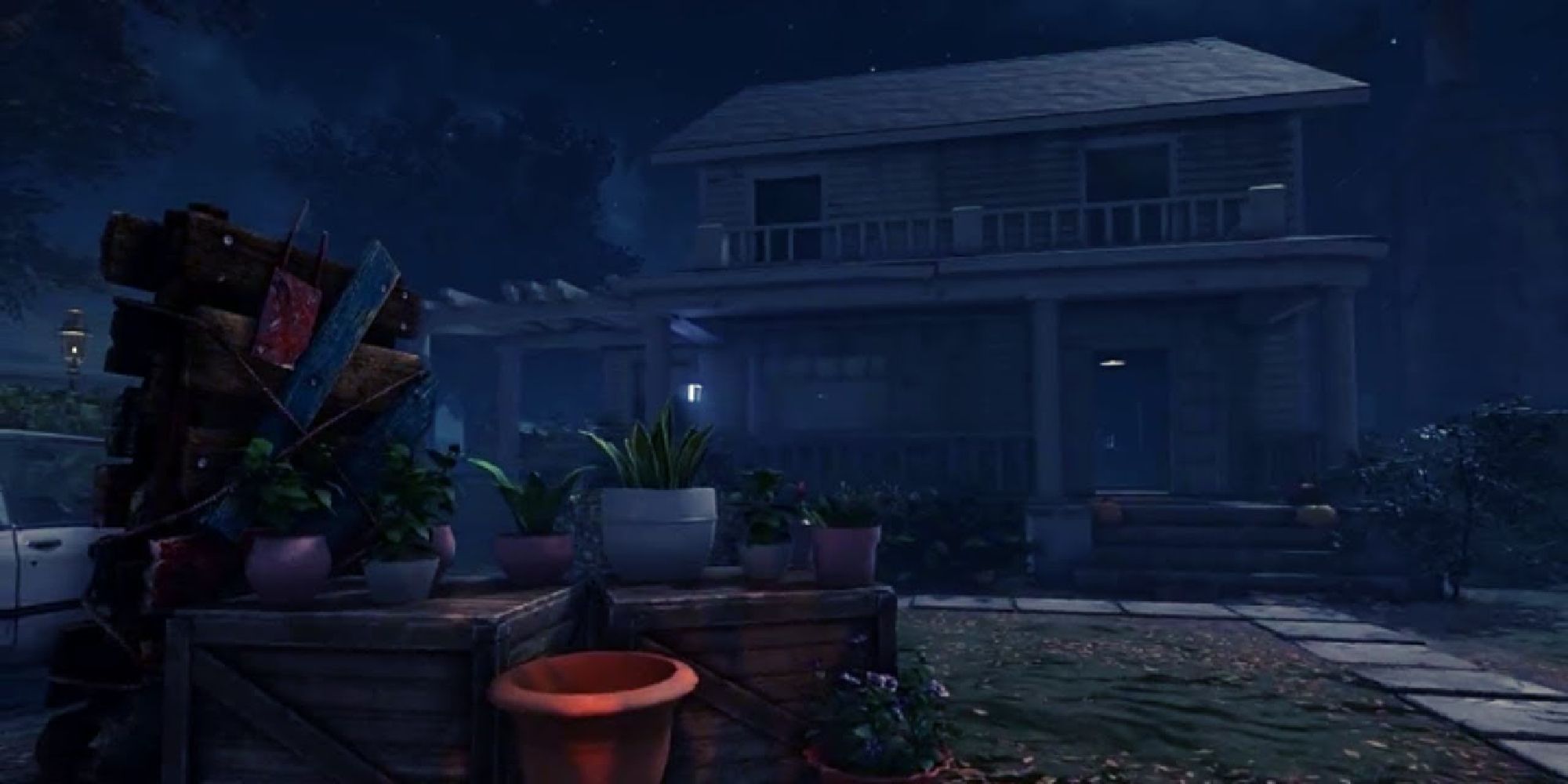 Screenshot of the reworked Haddonfield, showing the back of one of the houses.