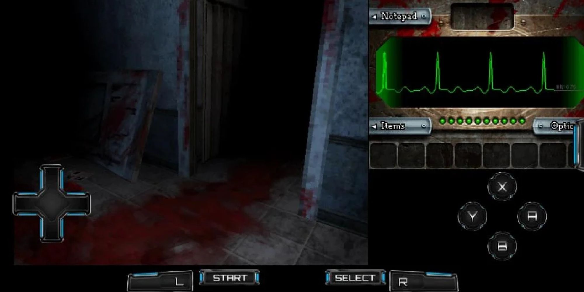 An image showing a bloody, dark corridor, as well as a UI showing an inventory, health bar, and control buttons.