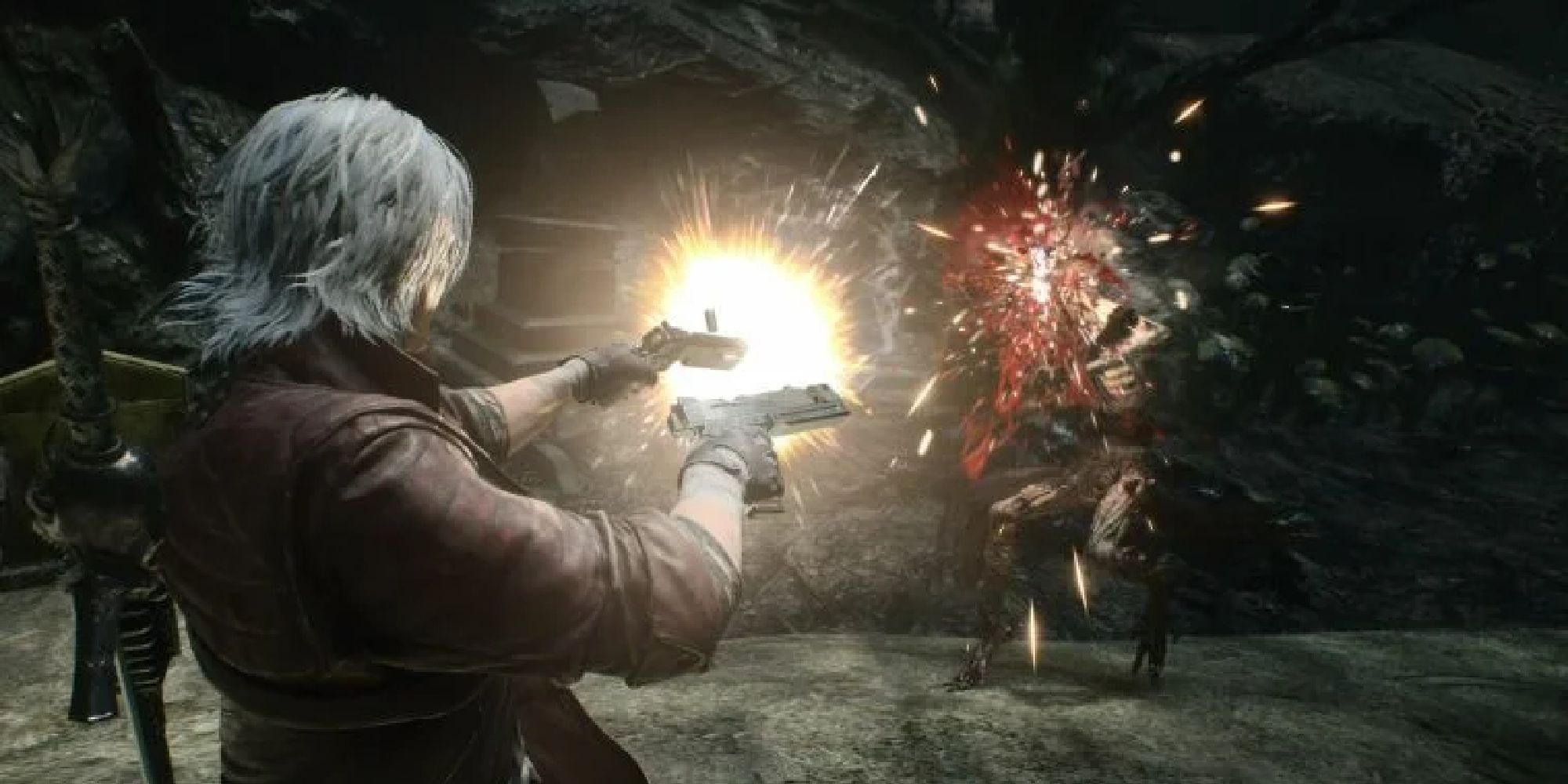 Dante from Devil May Cry unleashing a storm of bullets upon a creature. 