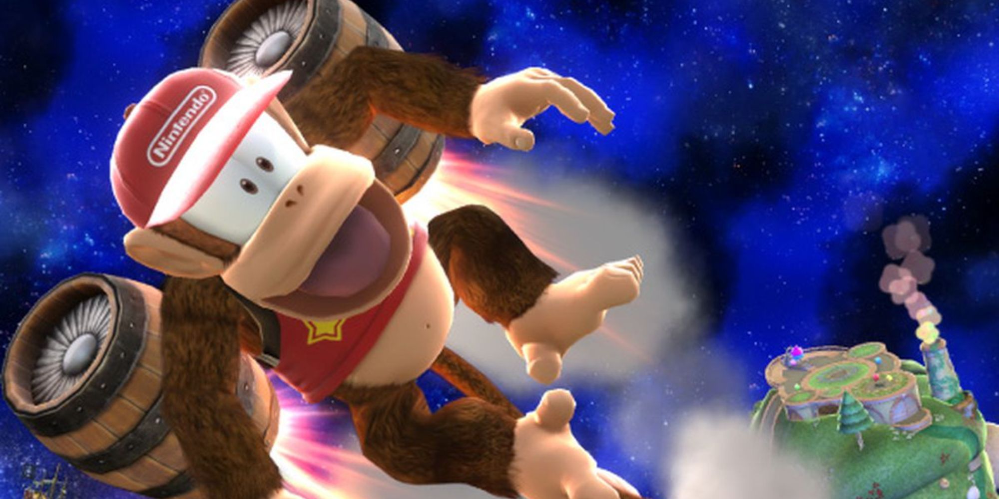 Diddy flying on his rocket pack in Smash Bros