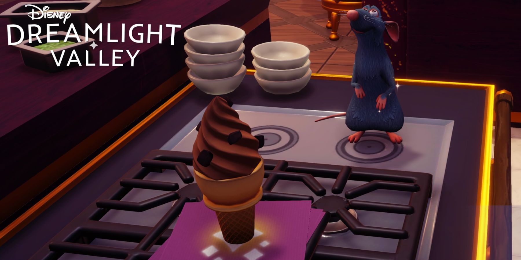 Disney Dreamlight Chocolate Ice Cream how to make where to find ingredients remy with ice cream stove