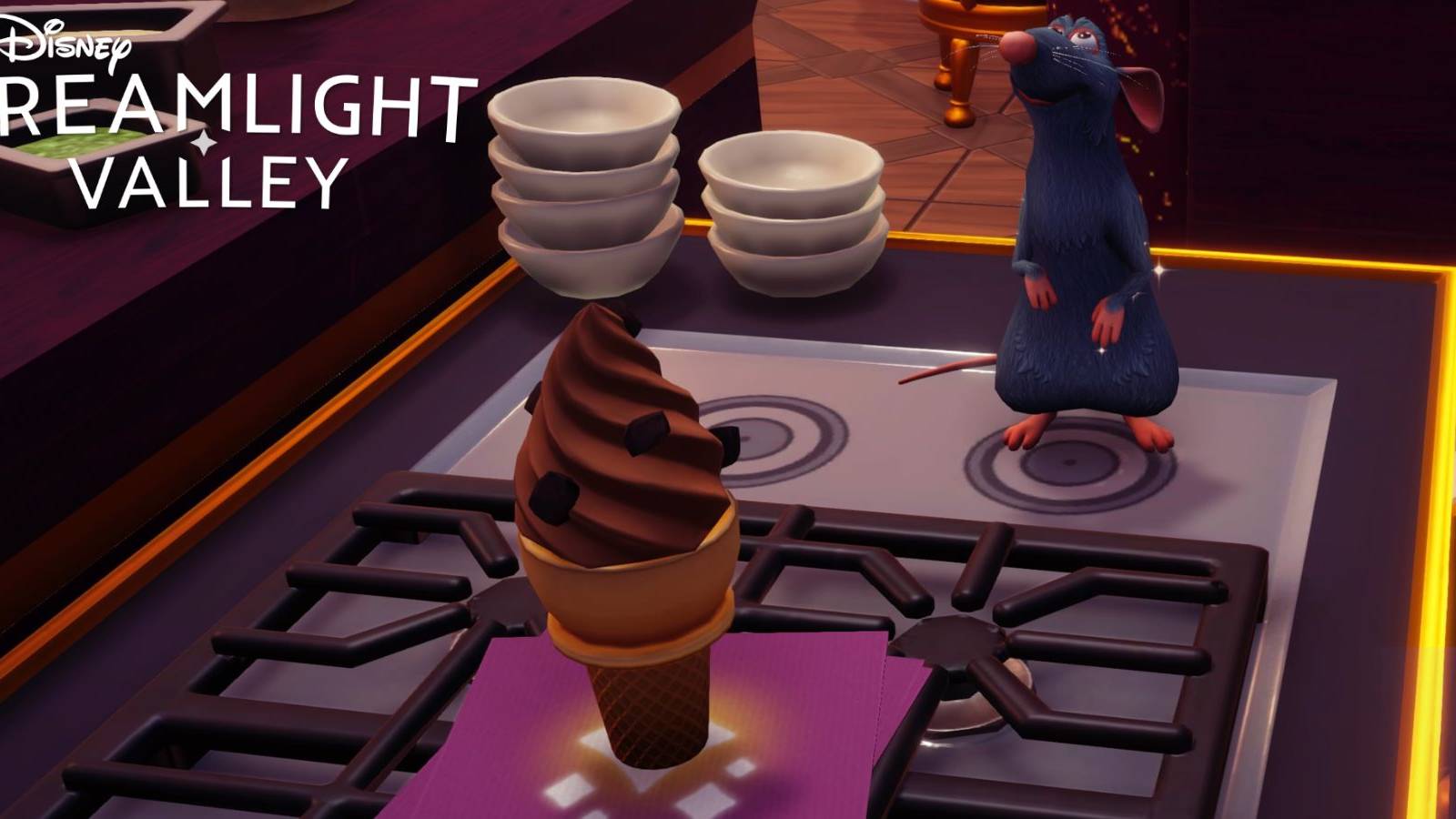 Disney Dreamlight Chocolate Ice Cream how to make where to find ingredients remy with ice cream stove
