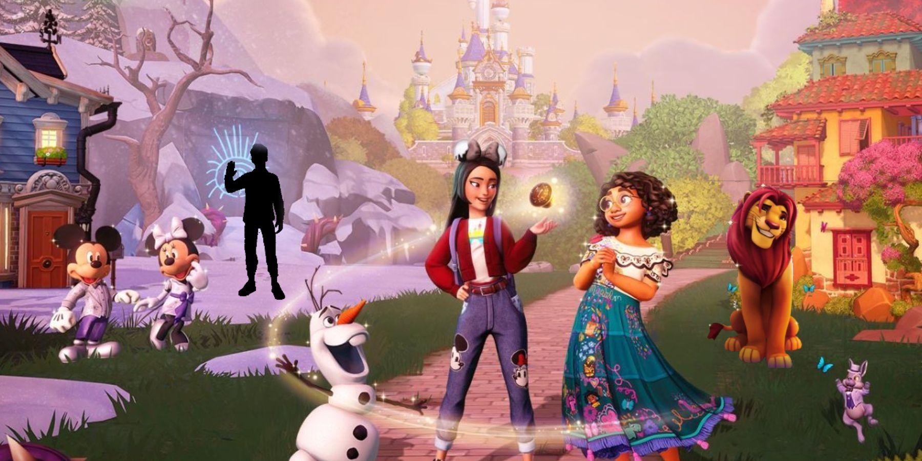 Disney Dreamlight Valley Friendship Festival key art with Simba and multiplayer shadow overlays