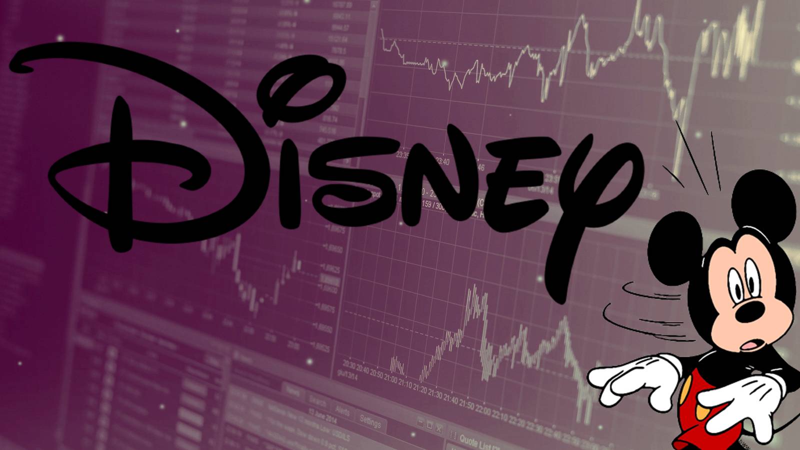 Red stock chart with Disney logo and shocked Mickey cutout