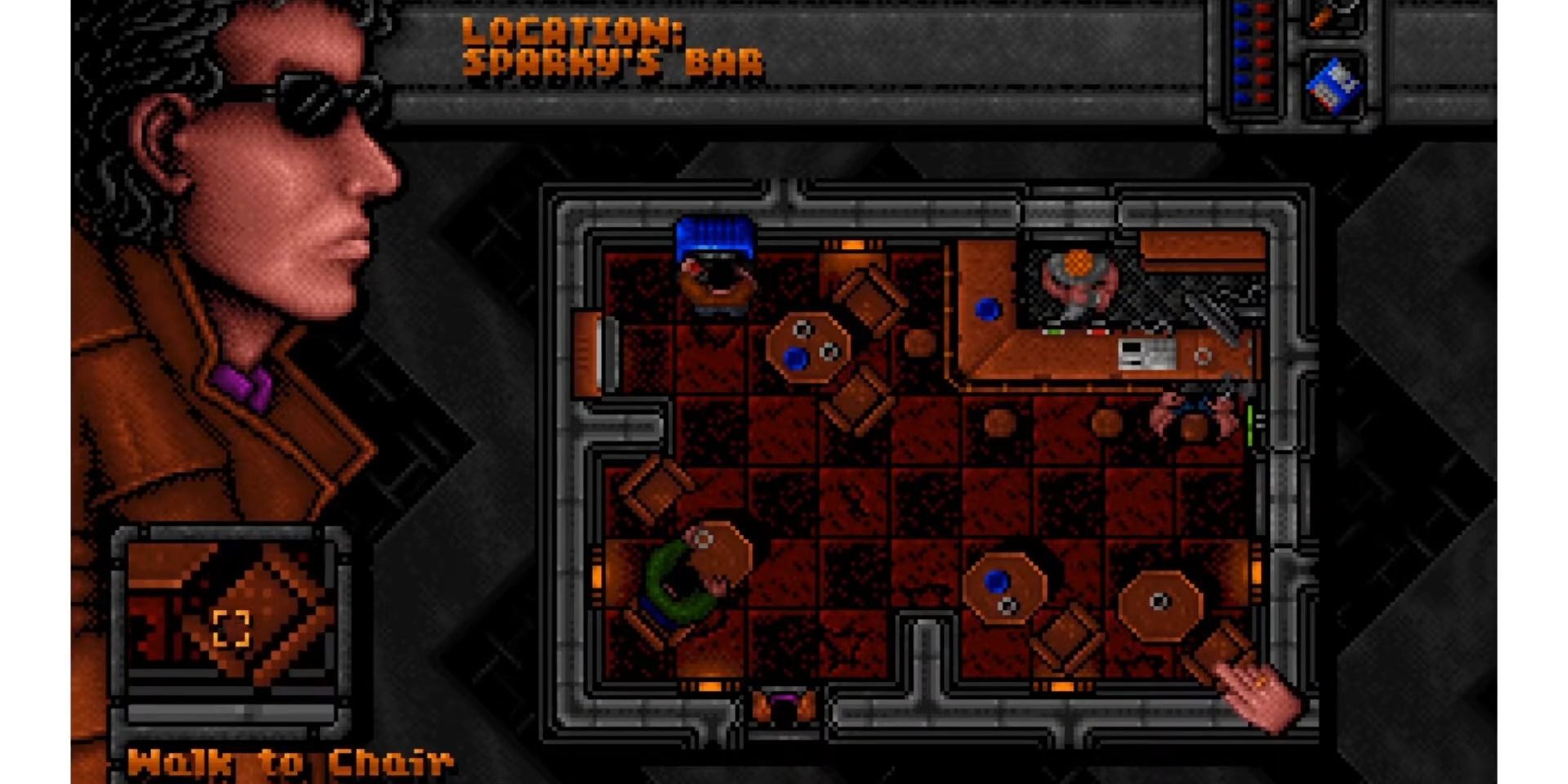 A screenshot from DreamWeb red and black tile overhead bar view
