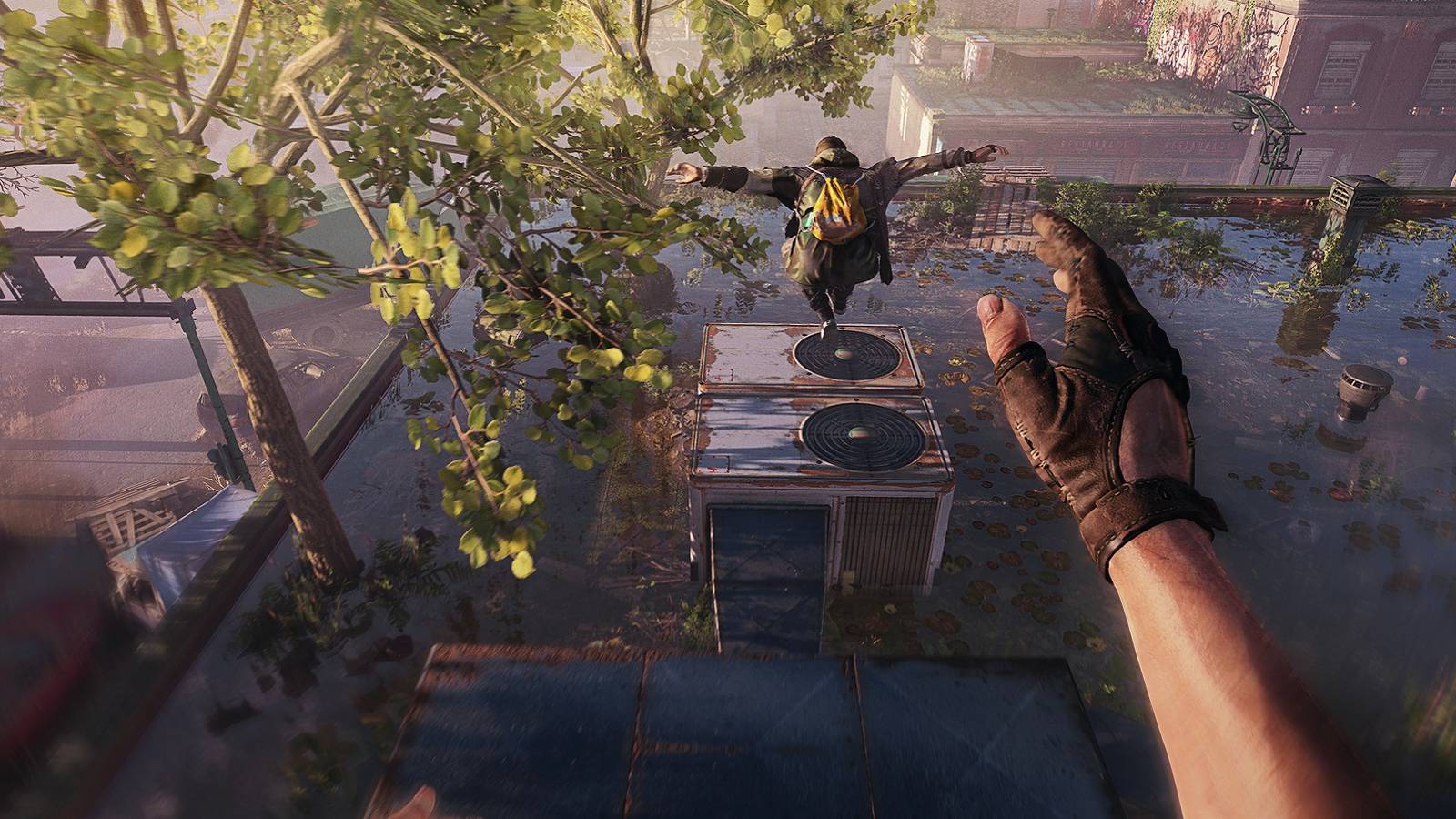 Image from Dying Light 2 showing the player leaping off a building in order to chase someone.