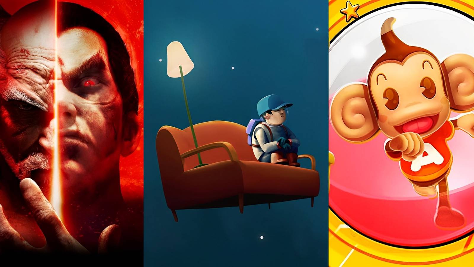 A split image with characters from Tekken, Pid, and Super Monkey Ball