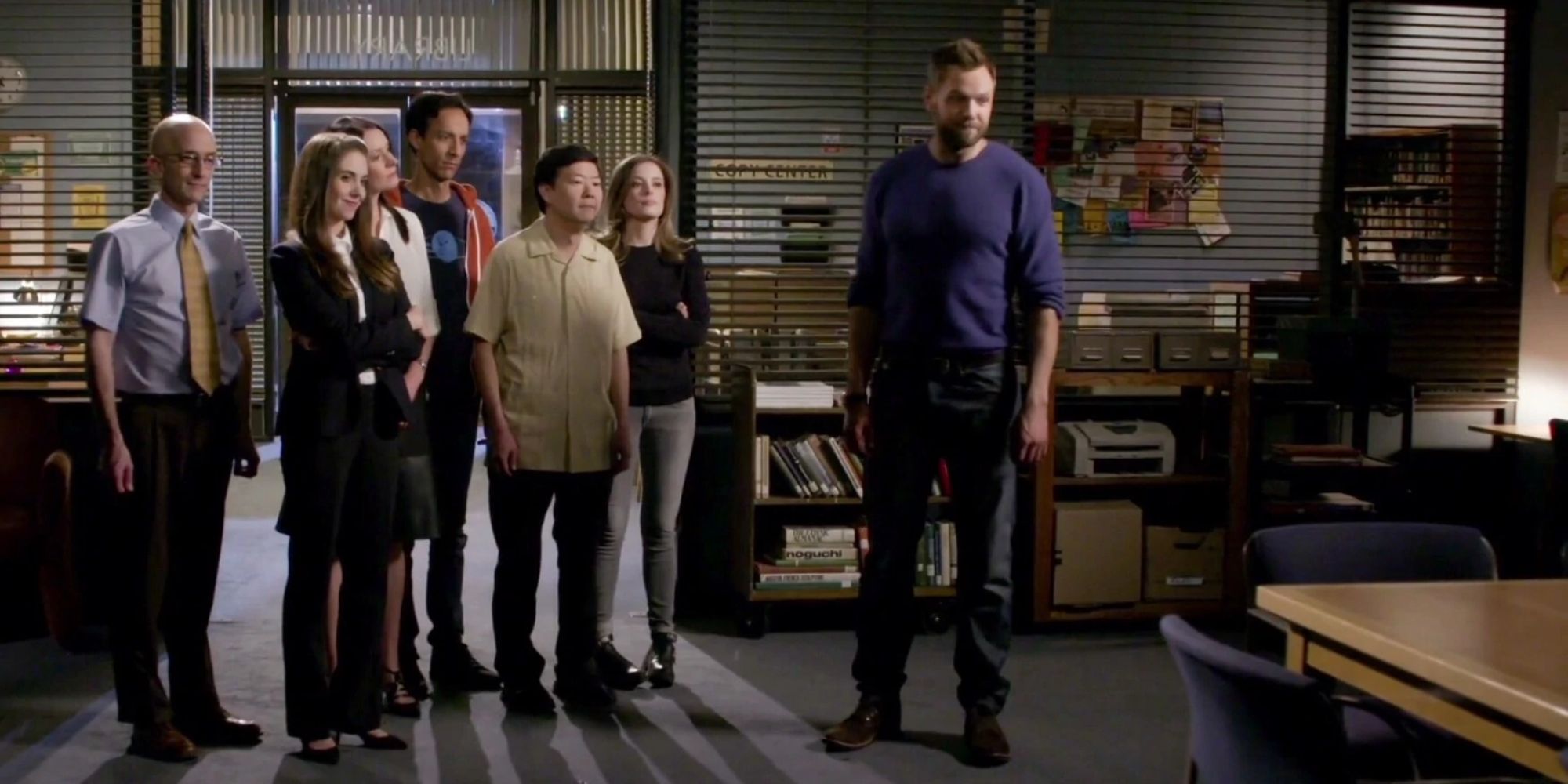 Dean, Annie, Frankie, Abed, Chang, Britta, and Jeff in the study room