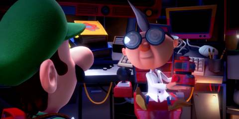 Professor E Gadd talking to Luigi in Luigi's Mansion 3