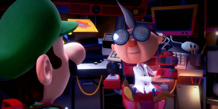 Professor E Gadd talking to Luigi in Luigi's Mansion 3
