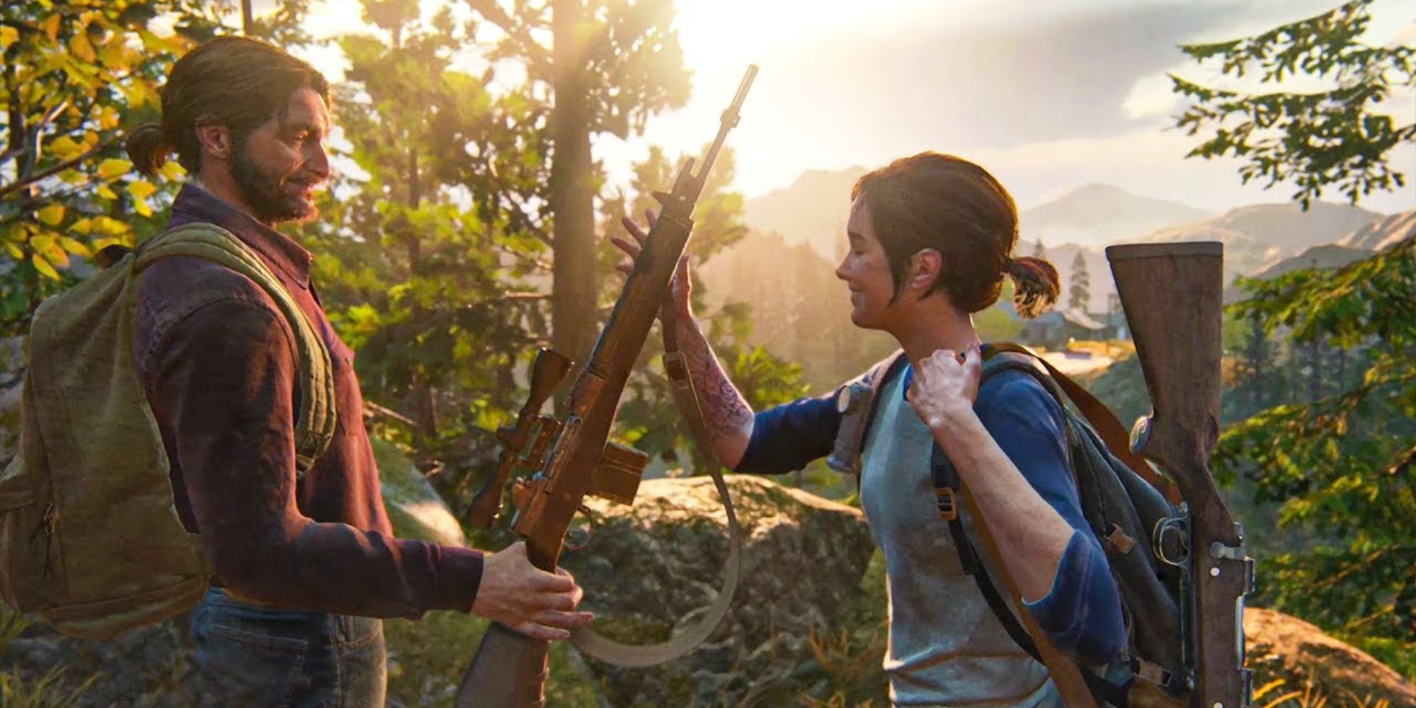 Tommy handing Ellie a rifle