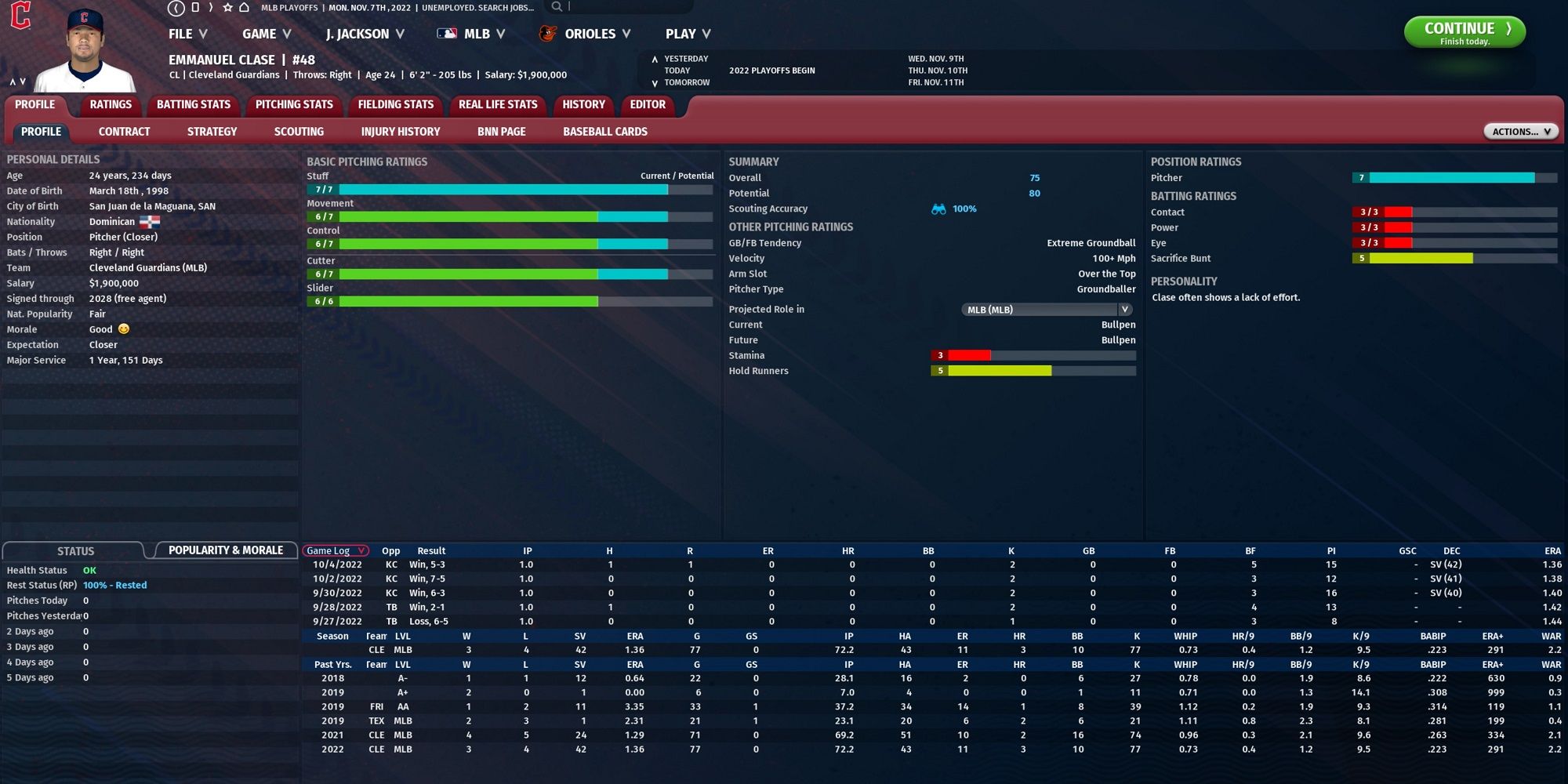 Player profile of Emmanuel Clase in OOTP 23