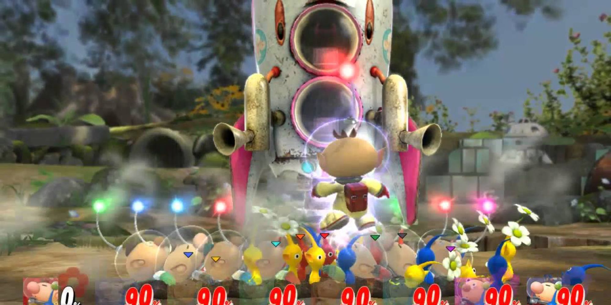 Olimar boarding a starship while other Olimar stay buried
